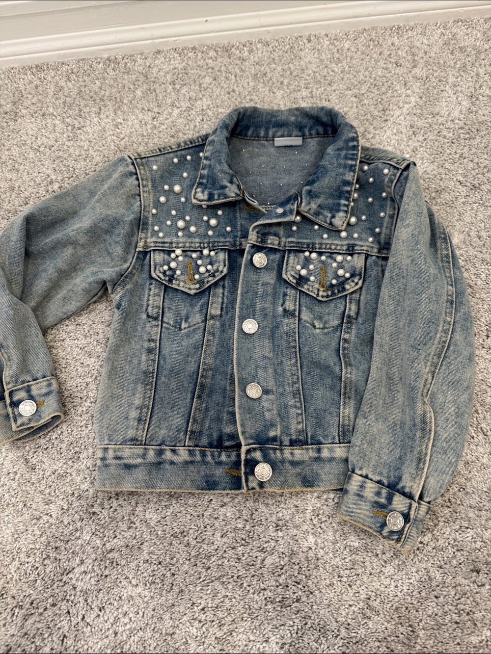 Kids Pearl-Accent Denim Jacket - Blue